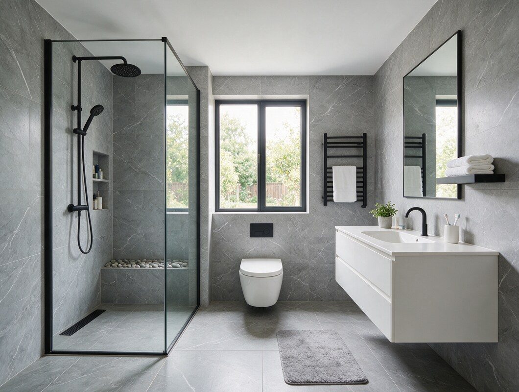 Renoviertes Bad mit bodengleicher Dusche