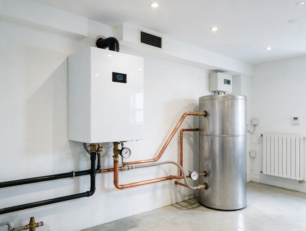 Heizungsraum mit Gas-Brennwerttherme und Warmwasserspeicher